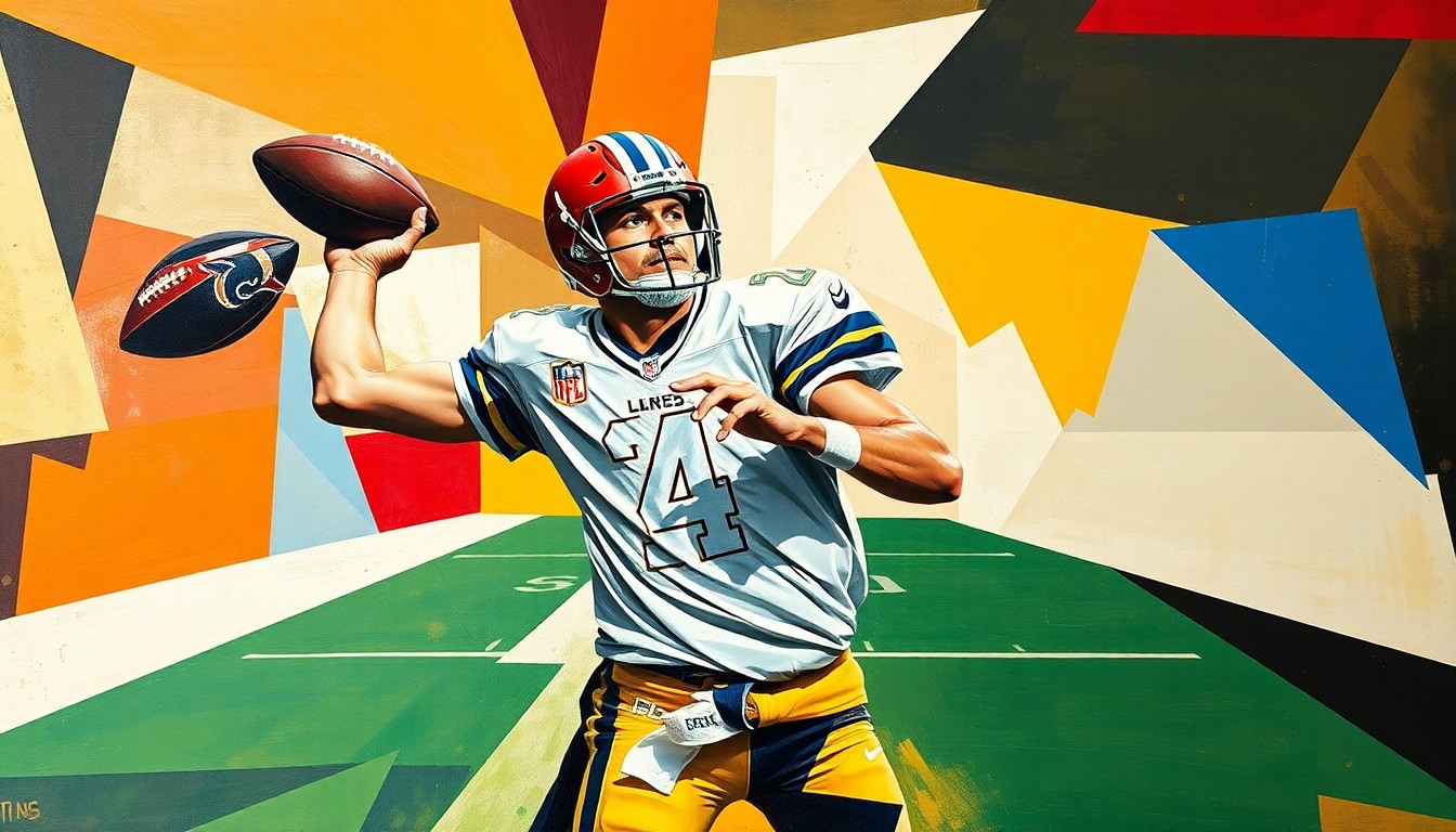 A cubist-style painting depicting a quarterback's throwing motion broken down into sharp, overlapping geometric shapes and planes, representing the multifaceted evaluation of Ty Simpson's draft prospects.