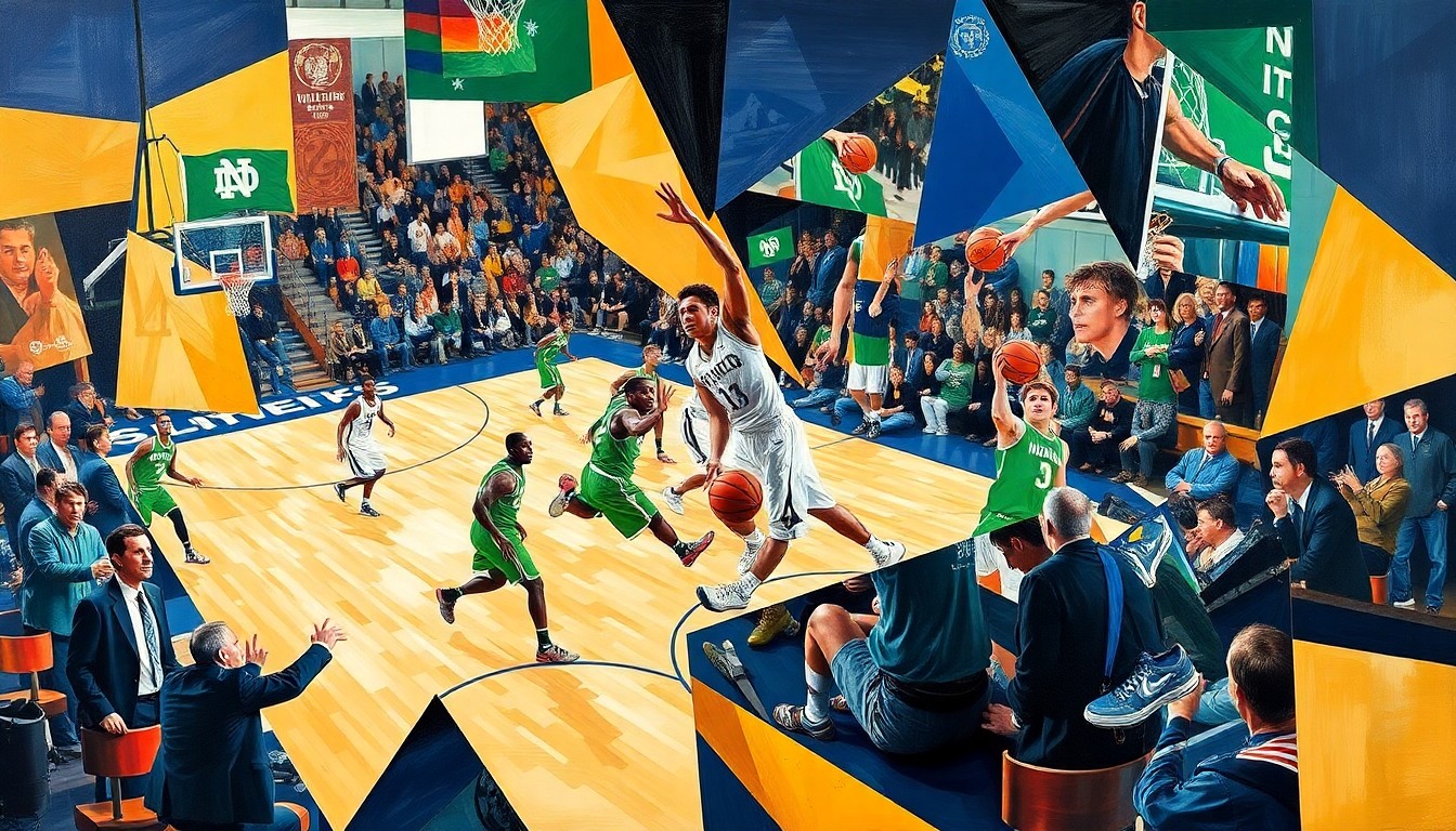 A fractured, cubist-style painting depicting the dynamic movements and energy of a college basketball game, with the players' forms broken down into sharp, overlapping geometric shapes in the colors of the Notre Dame Fighting Irish and UConn Huskies.