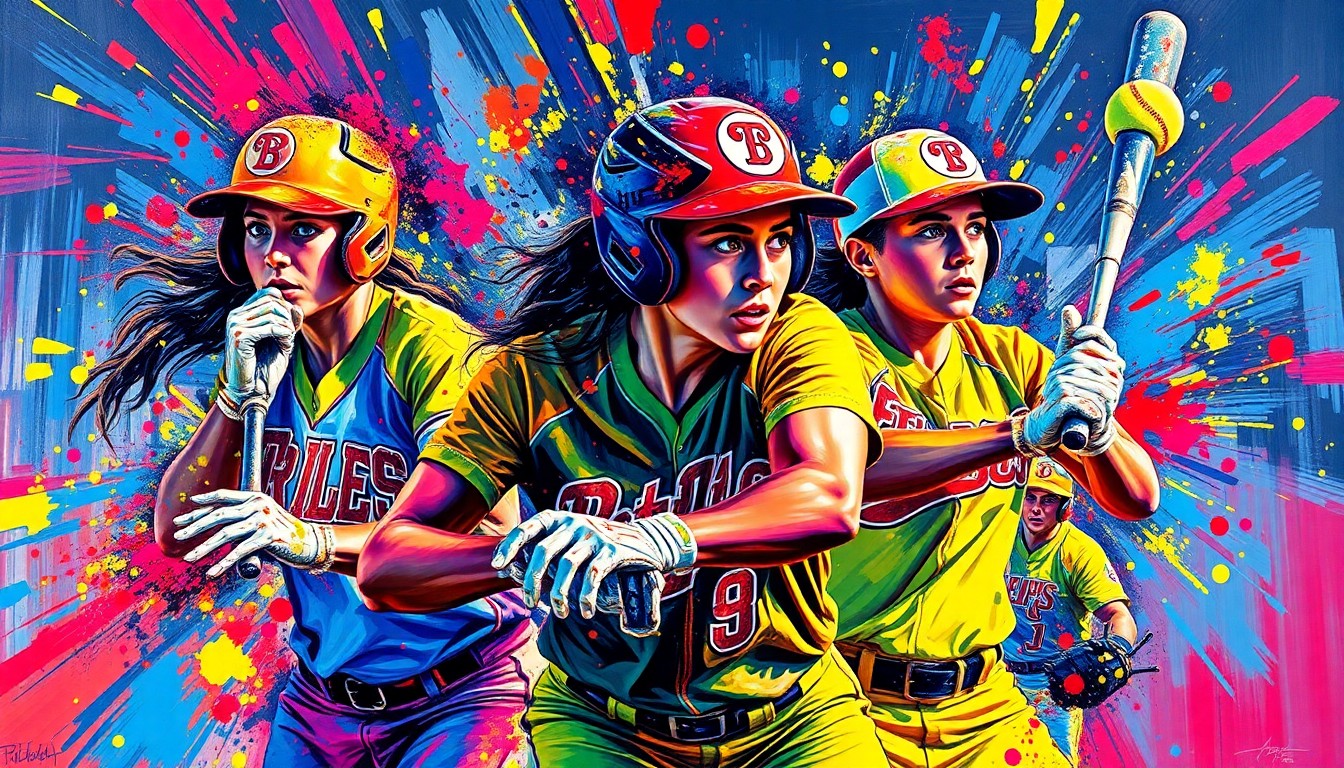 An abstract, expressionist painting in vibrant neon colors depicting the dynamic motion and energy of a softball game, with players' forms dissolving into bold, gestural brushstrokes.