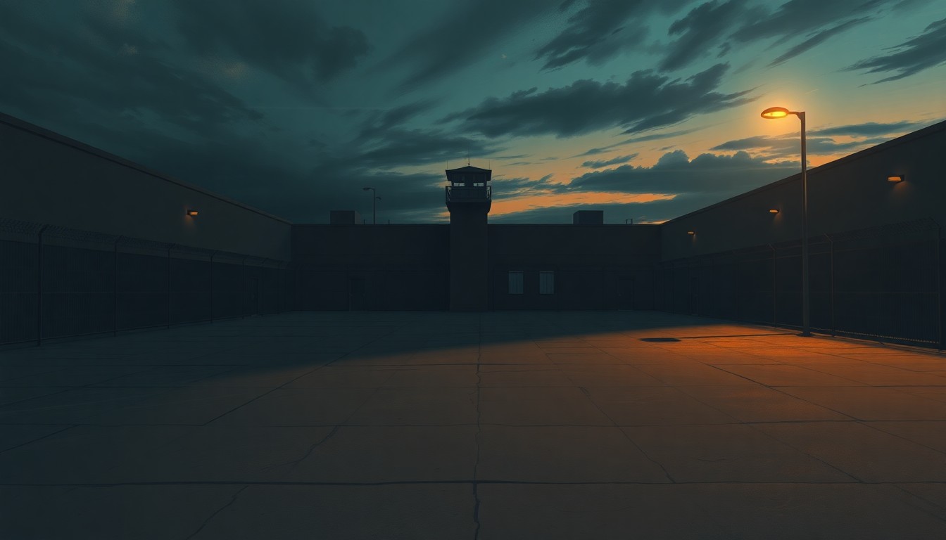 A moody, cinematic painting of an empty prison yard at dusk, with a lone guard tower casting long shadows across the concrete in muted tones of grey, blue, and orange, conveying a sense of melancholy and institutional isolation.