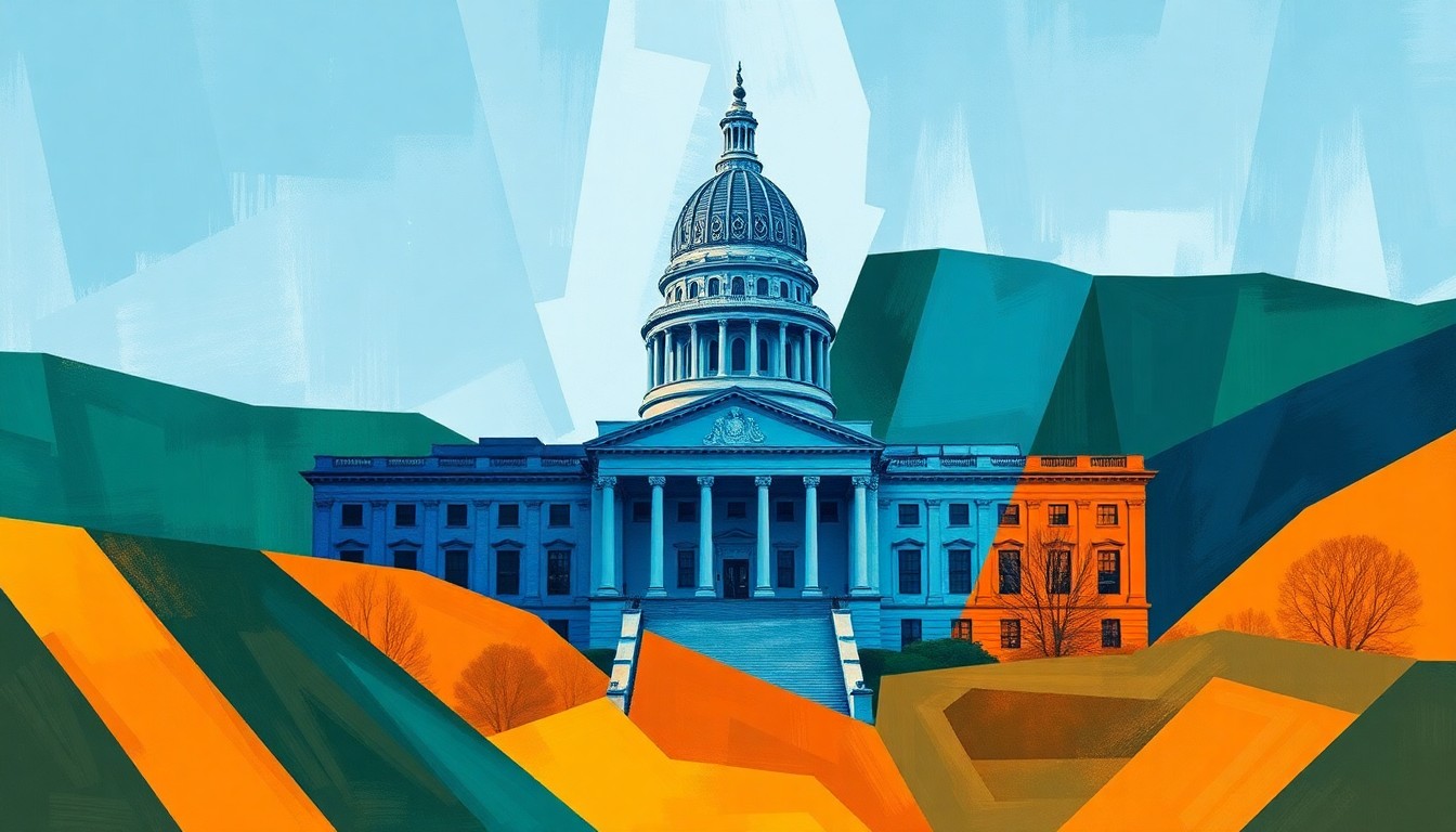 A dynamic, abstract painting of the Iowa State Capitol building in Des Moines, with overlapping geometric waves of deep blue, forest green, and burnt orange colors, conveying the fast-paced, high-stakes negotiations happening inside the building.