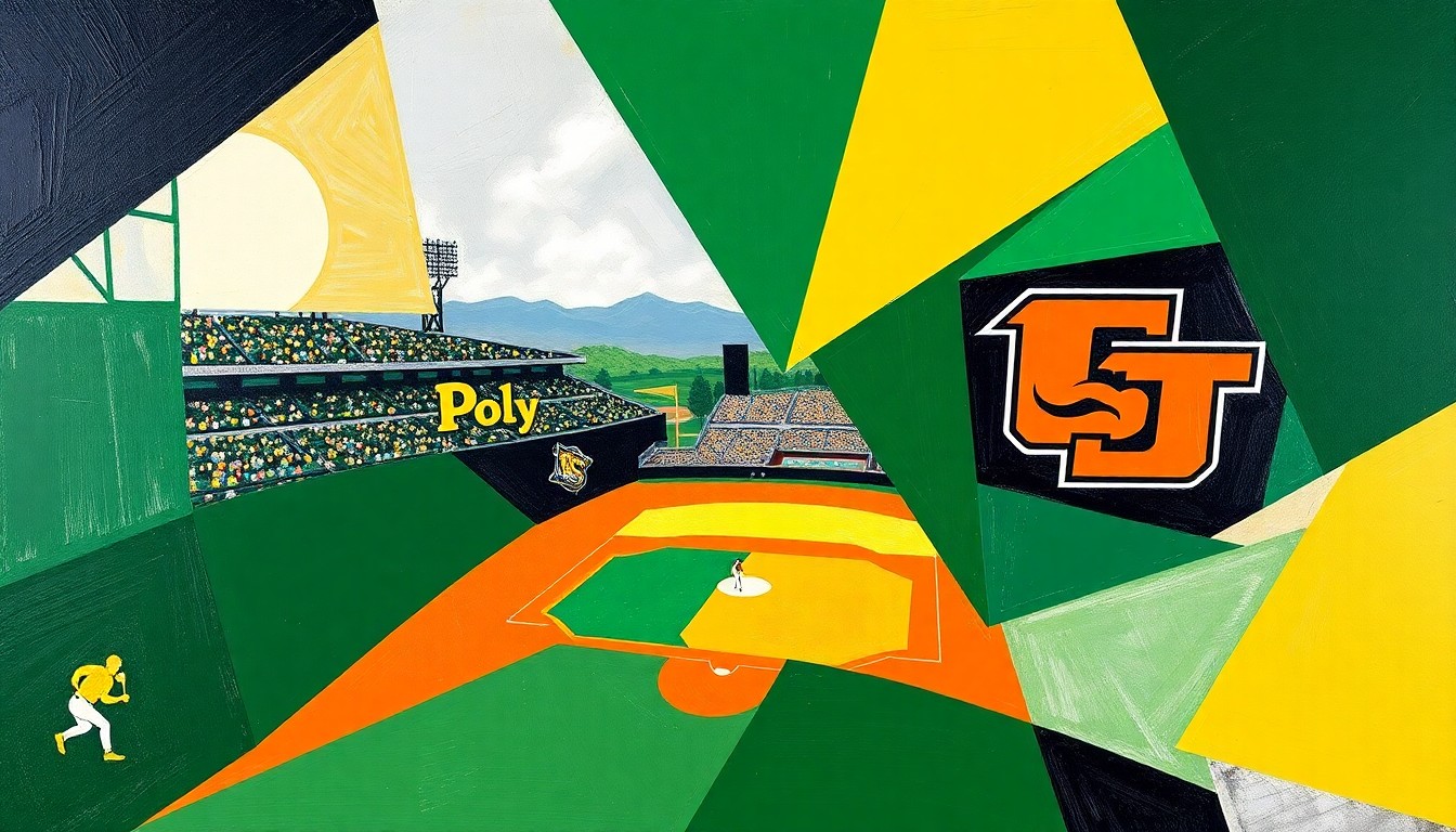 A fractured, geometric painting depicting a baseball game in progress, with the players and field broken down into sharp, overlapping planes of color representing the opposing teams.