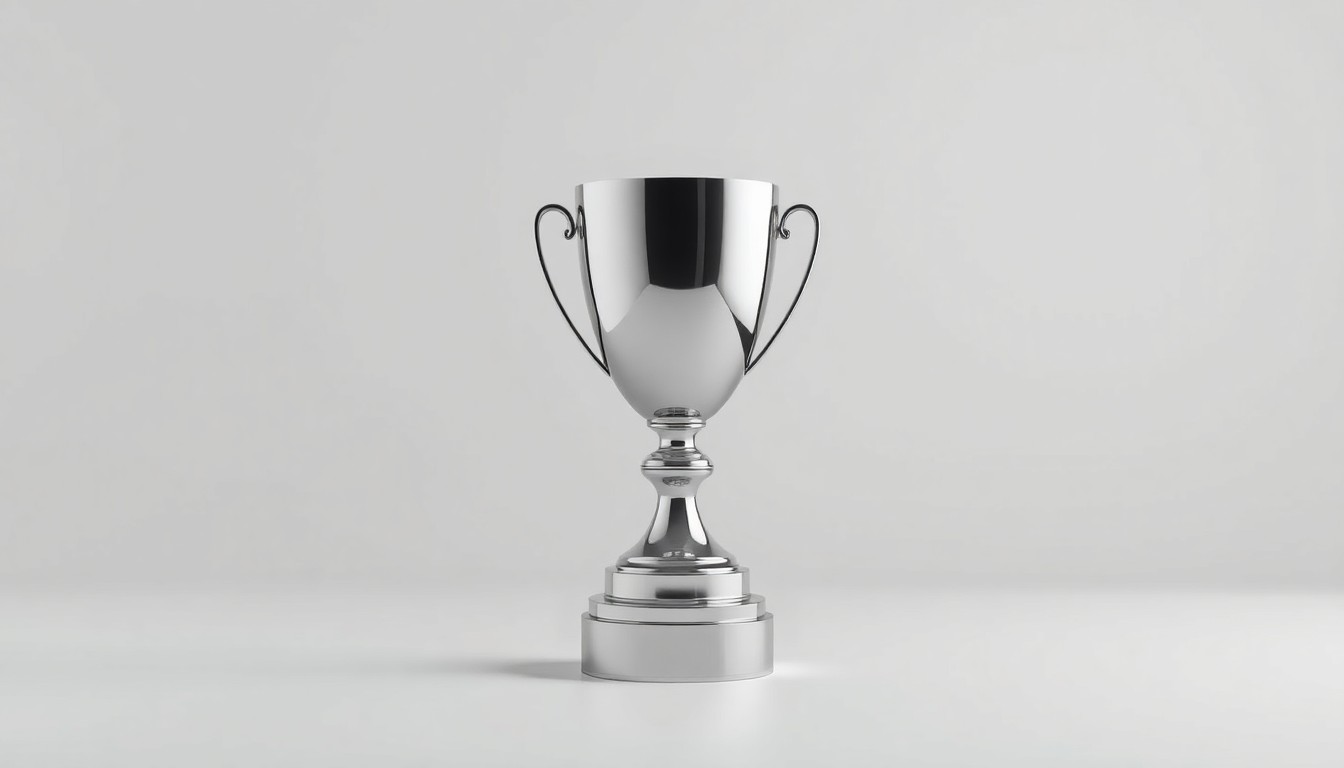 A highly polished, metallic trophy or award resting on a clean, monochromatic background, using dramatic studio lighting to convey a sense of corporate strategy and achievement in promoting workplace equality.