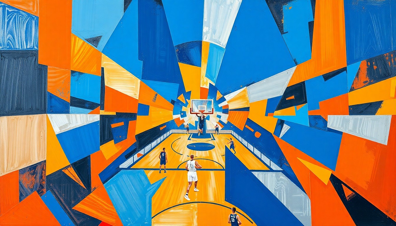 A fragmented, cubist-style painting depicting an NBA basketball game broken down into sharp, overlapping geometric shapes and planes in a palette of deep blue, fiery orange, and metallic silver, conceptually representing the competitive tension and strategic complexity of the play-in tournament.