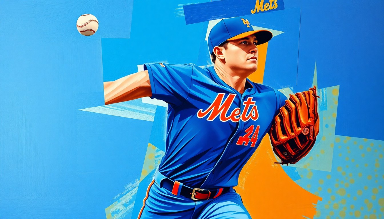 A fractured, geometric painting depicting a baseball pitcher's motion, with sharp planes of blue and orange representing the Mets' colors. The abstract style captures the dynamic movement and energy of the sport.