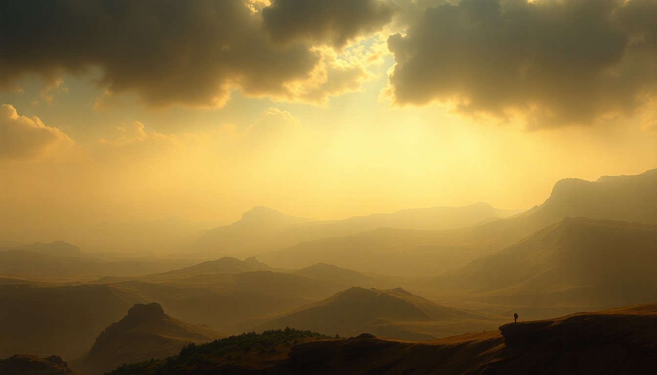 A vast, atmospheric landscape painting in muted tones of gold, ochre, and hazy blue, capturing the overwhelming scale and sublime power of a summer heat wave as it envelops the distant horizon.