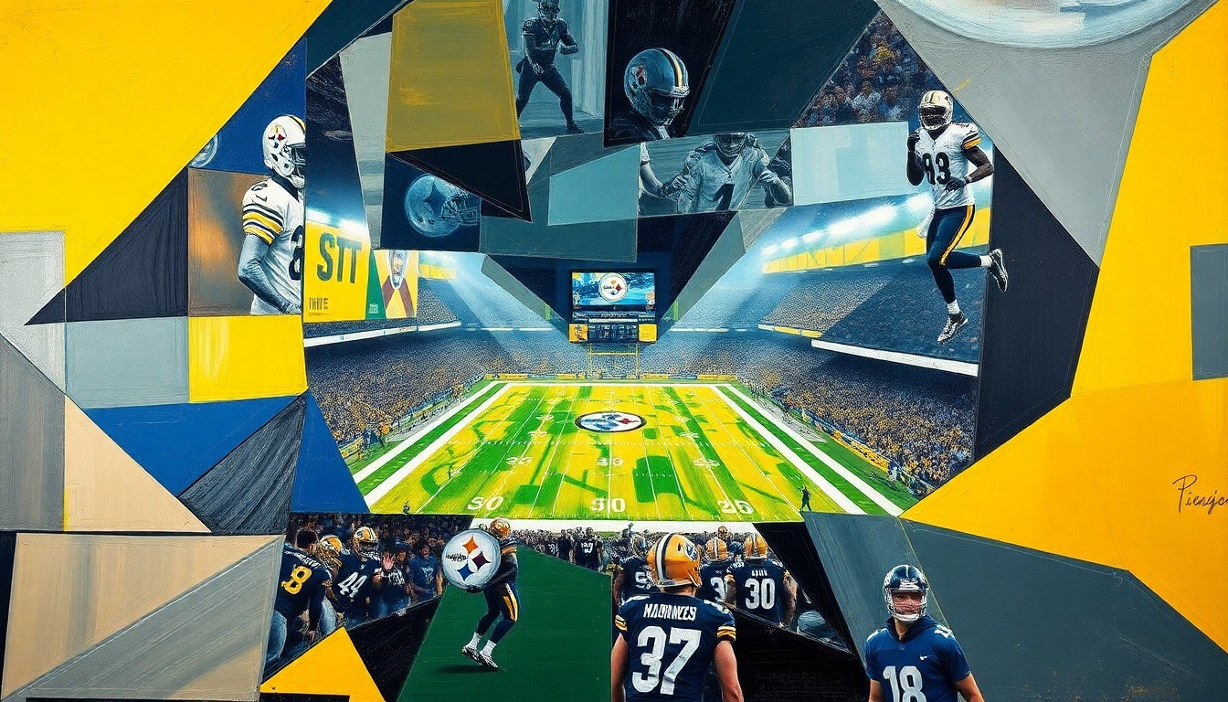 A cubist, geometric painting depicting a fragmented and overlapping scene of a football game, with sharp lines and planes of color representing the dynamic action on the field.