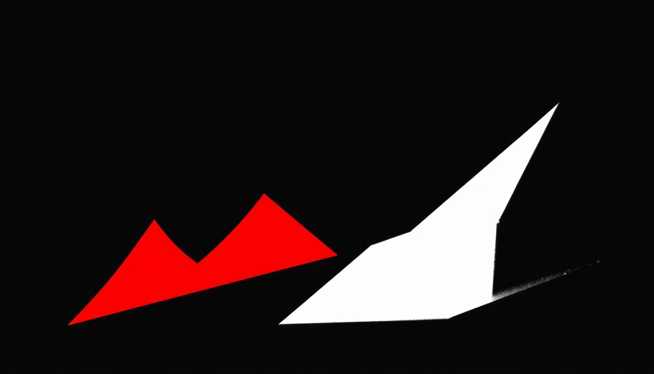 An abstract, minimalist illustration featuring bold, jagged black shapes against a bright red and white background, conceptually representing a small theater's outsized impact on the national theater landscape.