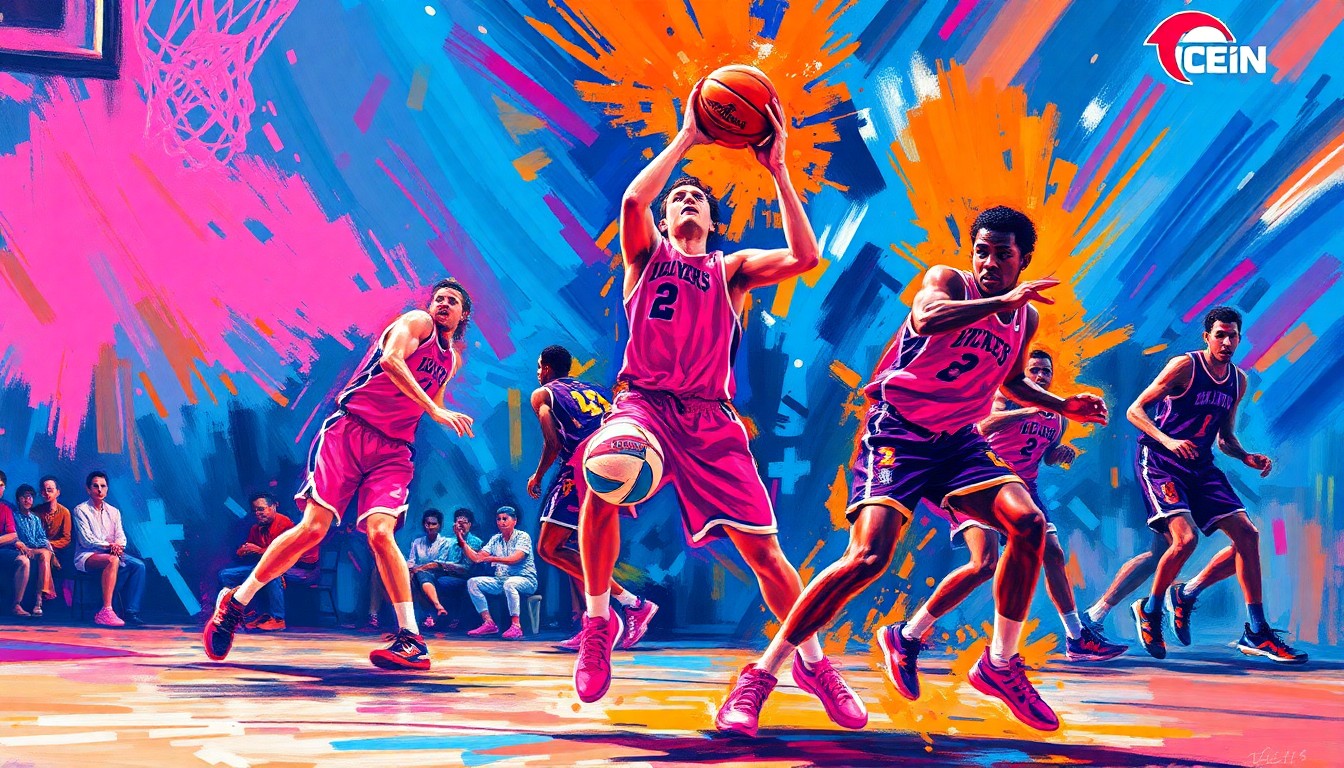 An abstract, expressionist painting in vibrant neon colors, capturing the raw energy and fast-paced action of a high school basketball all-star game through dynamic brushstrokes and dissolving figures.