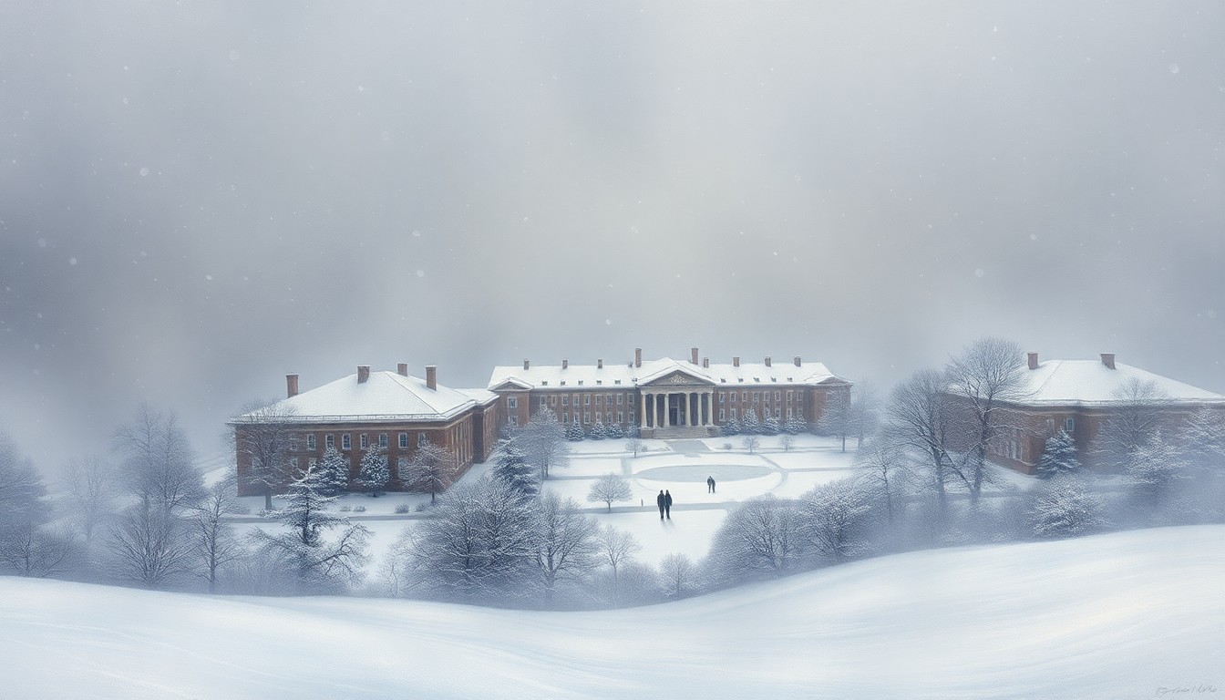 A vast, atmospheric landscape painting depicting a snow-covered university campus scene, with the main buildings and structures partially obscured by a heavy, swirling snowstorm, conveying the overwhelming power of the winter weather.
