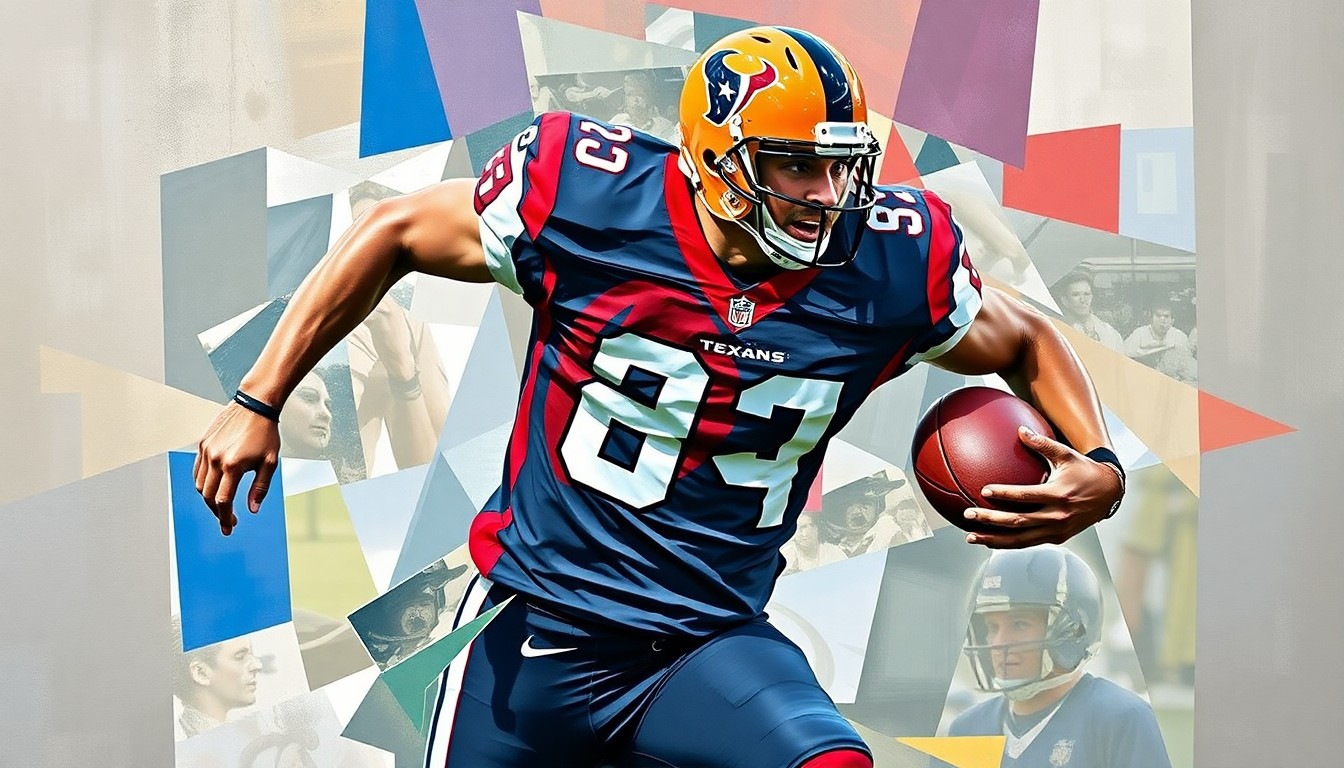 A fragmented, geometric painting depicting a football player in motion, with sharp, overlapping planes of color representing the Houston Texans' team colors, conveying the concept of a veteran player seeking to prove his worth in a new environment.