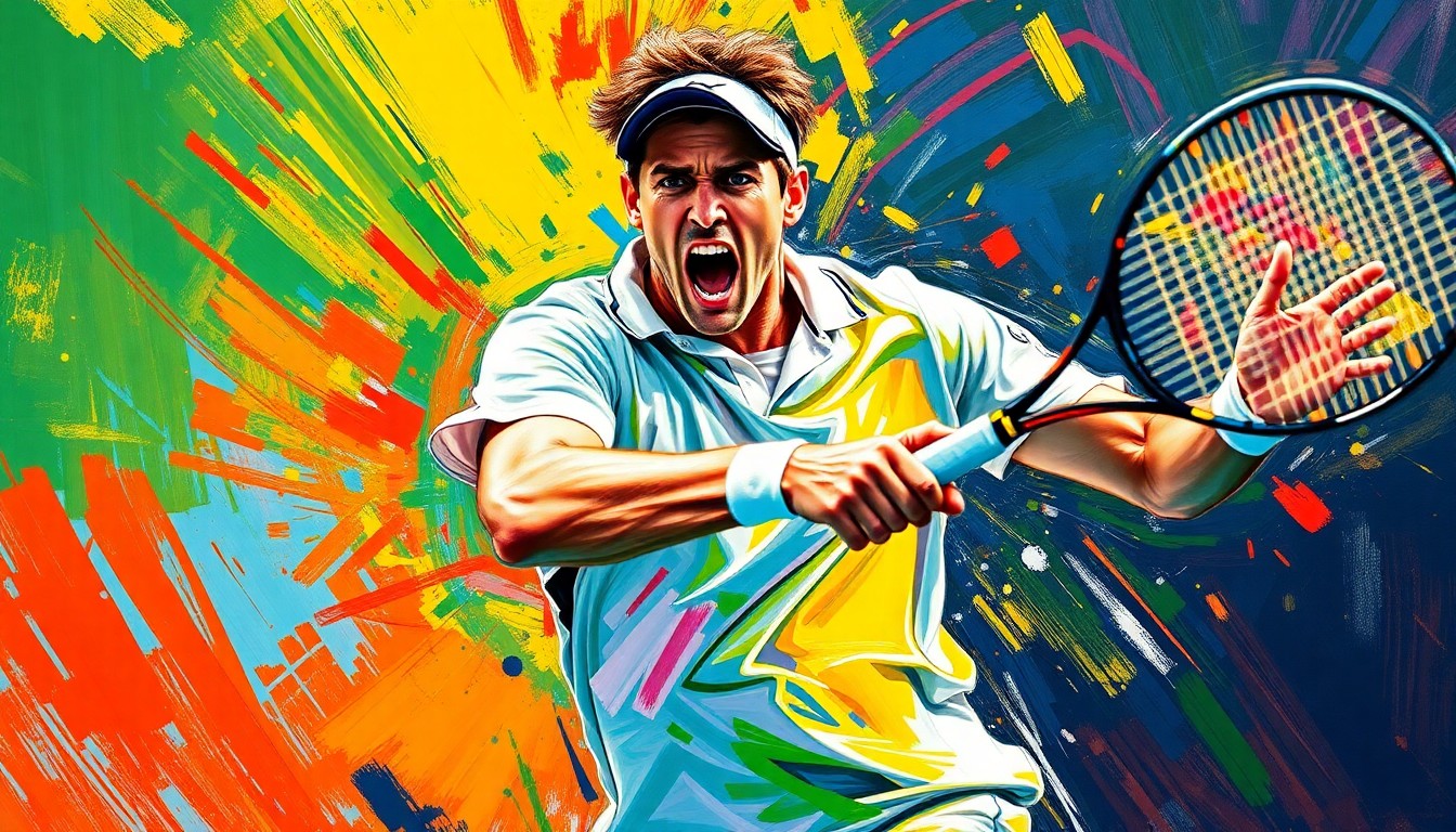 An abstract, expressionist painting in vibrant neon colors, capturing the intense energy and emotion of a tennis player in motion, with no identifiable figures or text.