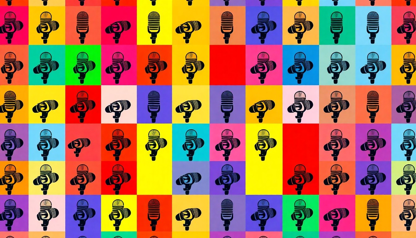 A vibrant, high-contrast silkscreen print featuring a repeated microphone icon in a grid, conceptually representing the diverse perspectives shared at the TEDxSiouxFalls event.