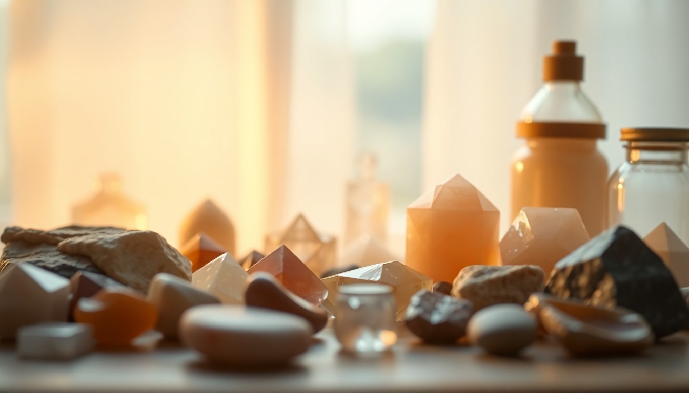An abstract, out-of-focus photograph featuring a soft, warm glow surrounding various crystals, healing stones, and holistic wellness products, conveying a sense of tranquility and introspection.