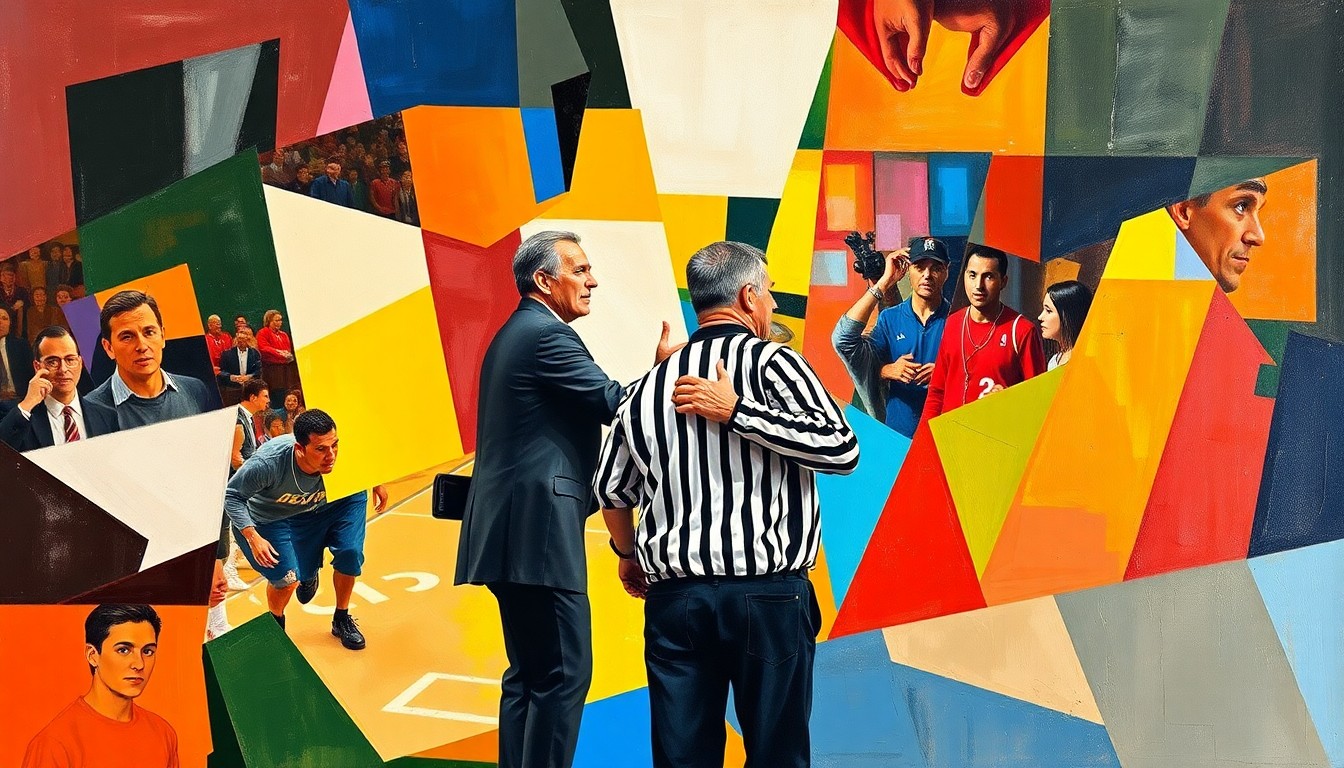 A fractured, multi-perspective painting in the style of Pablo Picasso, breaking down a basketball game or interaction between a coach and referee into sharp, overlapping geometric planes of vibrant colors, conceptually representing the intensity and complexity of their relationship.