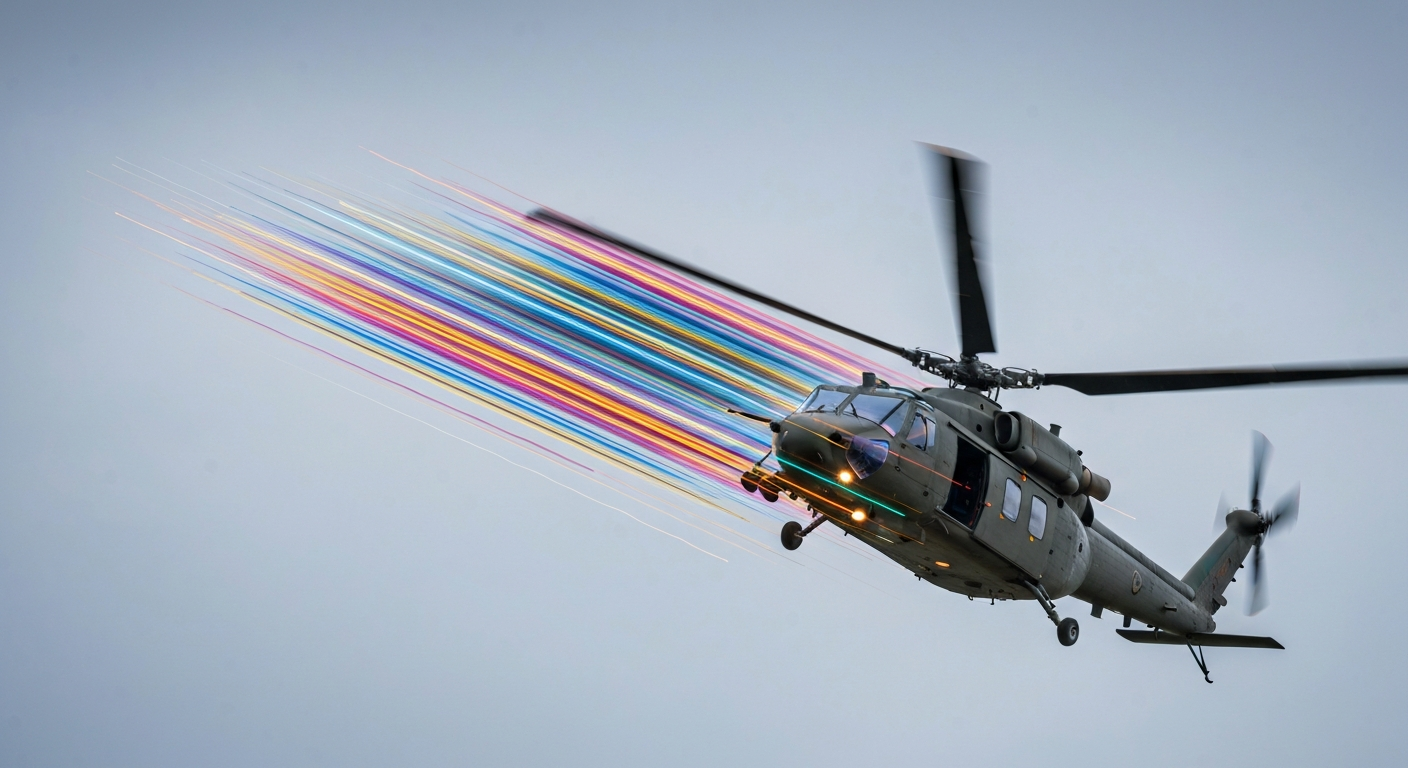 An abstract, impressionistic image of a military helicopter in flight, its form reduced to sweeping brushstrokes of color that convey a sense of speed and technological advancement.