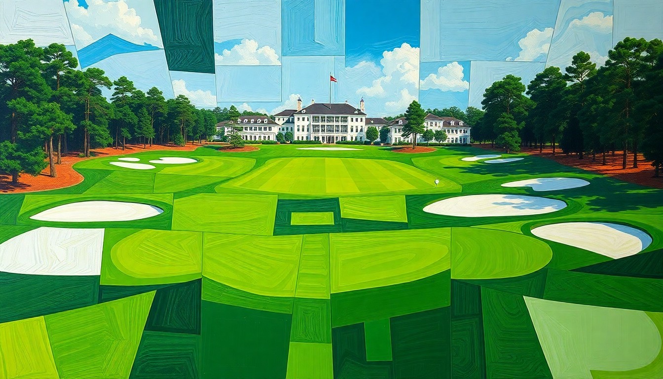 A cubist, geometric painting depicting the final round of the 2026 Masters golf tournament, with overlapping planes of green fairways, white bunkers, and the iconic Augusta National clubhouse in the background, capturing the complex emotional and competitive dynamics of the event.