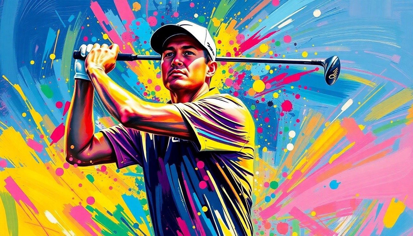 An abstract, expressionist painting depicting the dynamic motion and energy of a professional golfer's swing, with vibrant neon colors and rapid brushstrokes that dissolve the golfer's form into an unrecognizable blur.