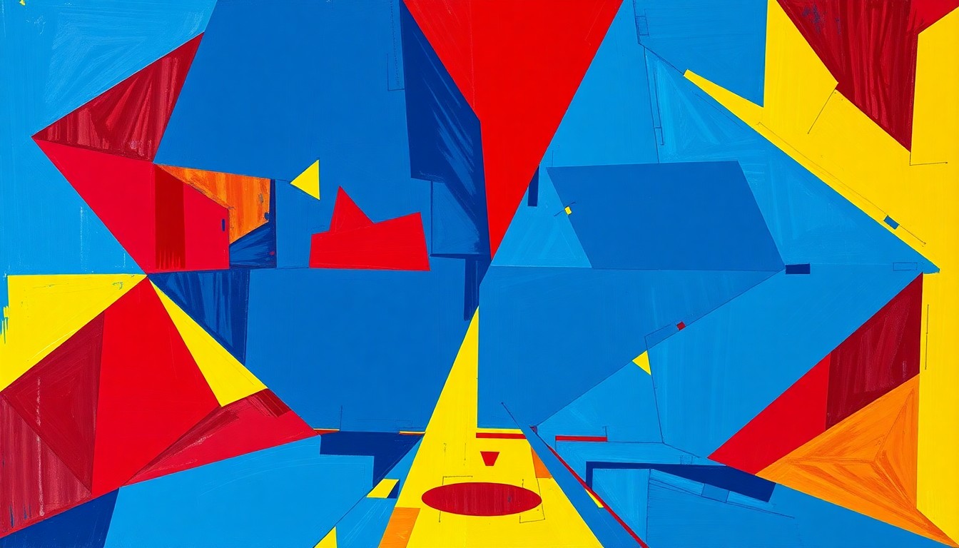 A cubist, geometric painting depicting a women's basketball game between two teams, with sharp, overlapping planes of color representing the dynamic action on the court.