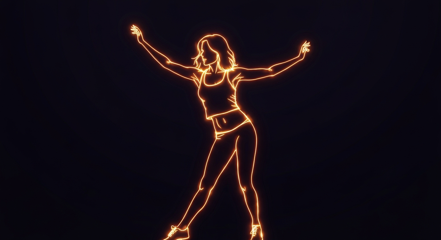 A glowing, neon silhouette of a woman in a dynamic pose, representing the vibrant health and wellness journey of actress Melissa Joan Hart.