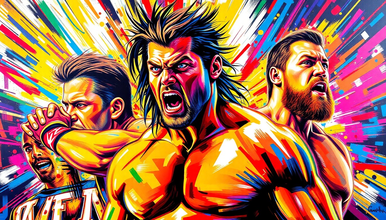 An abstract, expressionist painting in vibrant neon colors, capturing the dynamic movements and charismatic presence of WWE wrestlers in action.