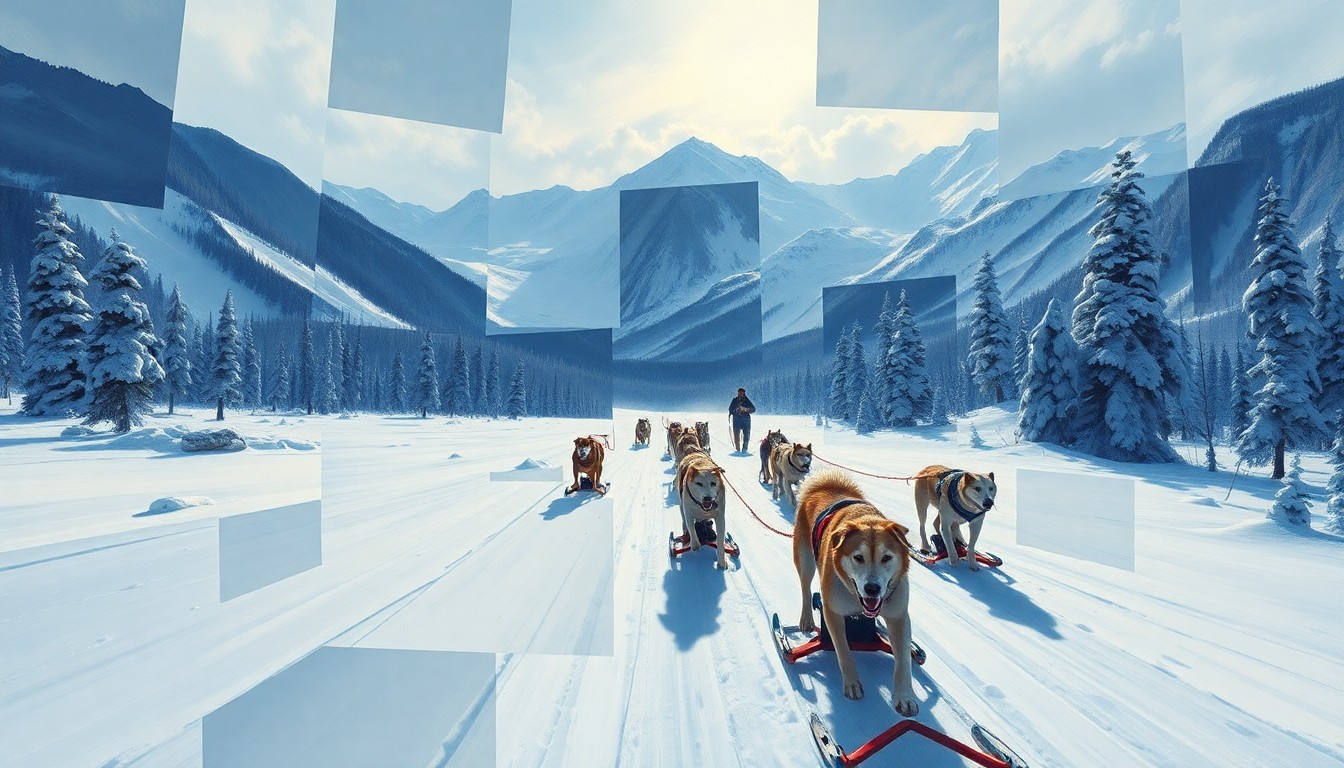A fragmented, geometric painting depicting a sled dog race through the Alaskan wilderness, with overlapping planes of snow, ice, and racing sleds, capturing the intense and challenging nature of the Iditarod Trail Sled Dog Race.