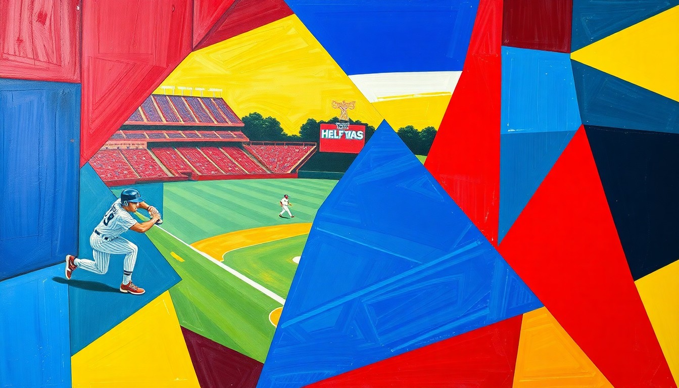 A vibrant, fragmented painting depicting a college baseball game broken down into overlapping geometric shapes and planes of bold primary colors, conveying the dynamic energy of the sport.