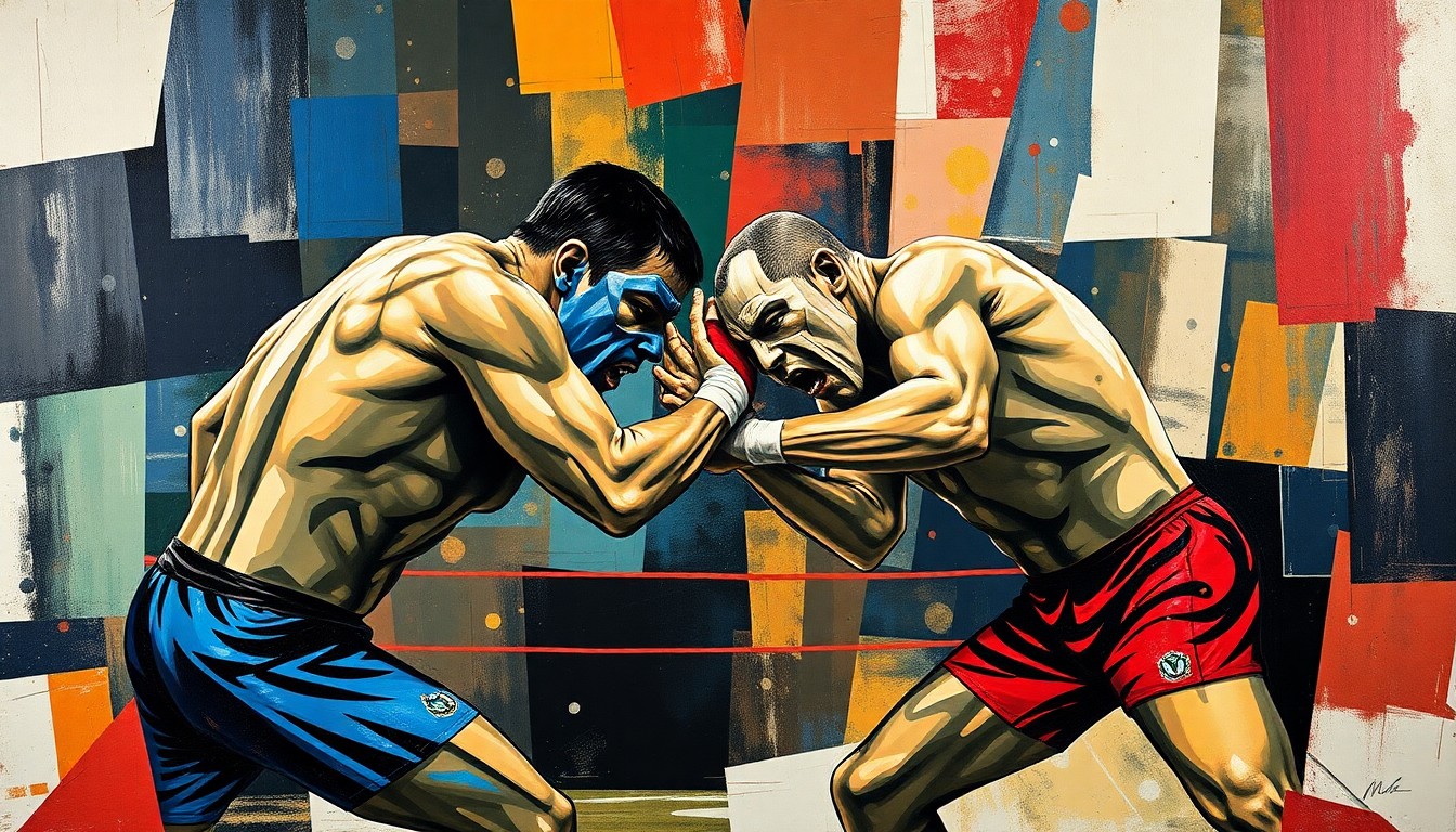 A fractured, geometric painting depicting the dynamic movements and competing perspectives of a wrestling match, with the figures and actions broken down into sharp, overlapping planes of color and form.