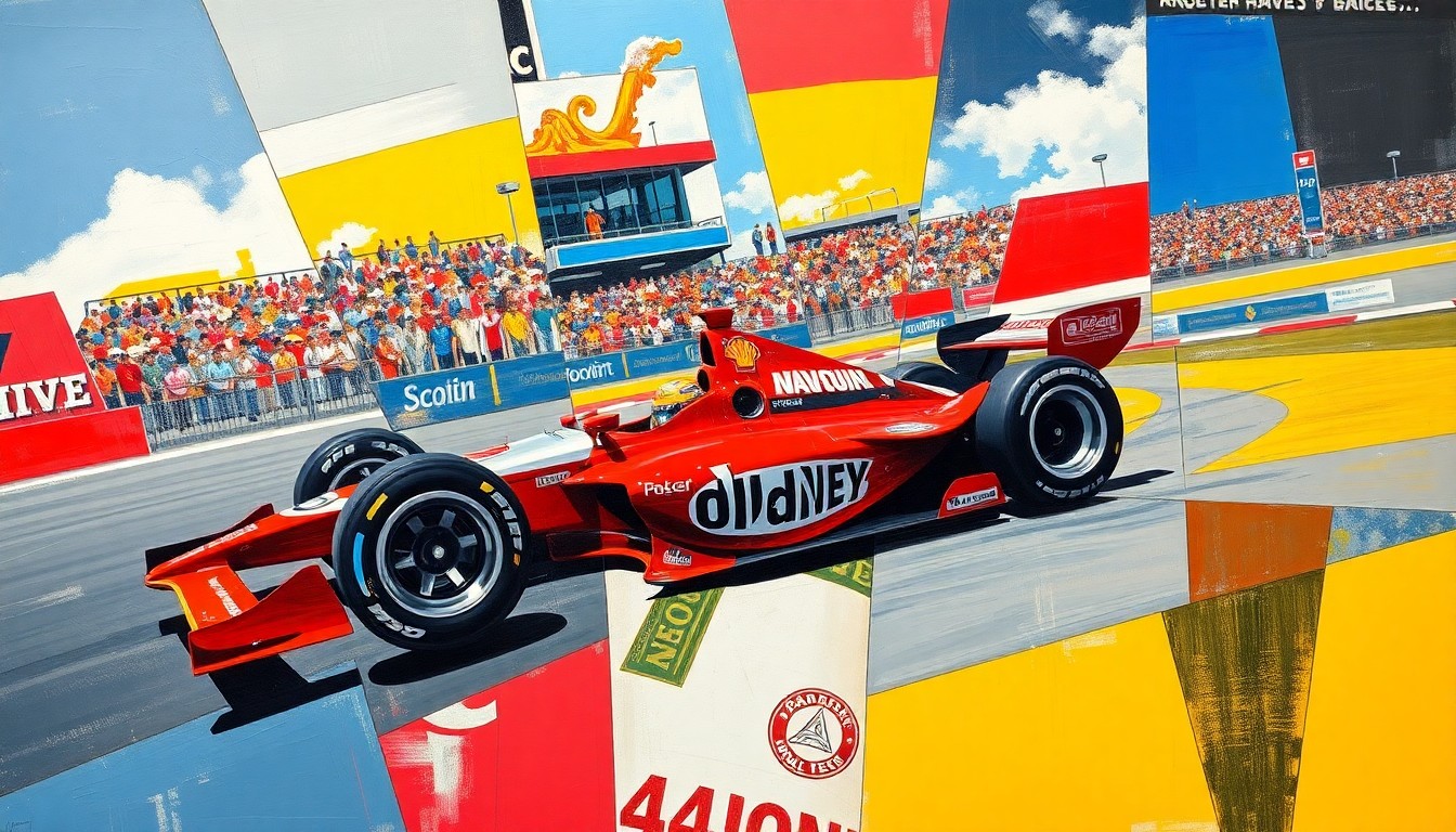 A cubist, geometric painting depicting an abstract IndyCar race scene, with overlapping planes of color and shape representing the strategic elements of the sport.