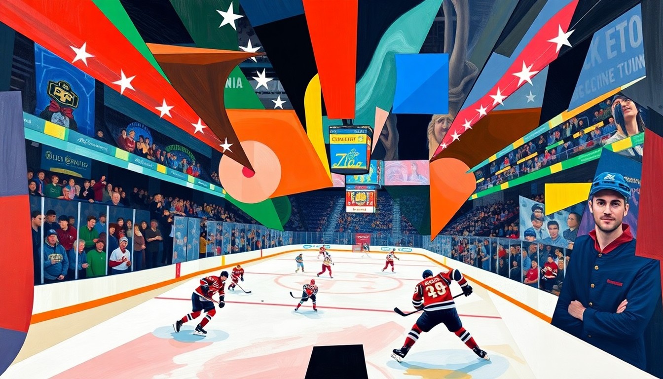 A cubist, fragmented painting depicting the UND vs Colorado College hockey game, with the players' movements and the puck's trajectory shown in a geometric, multi-perspective style. Vibrant colors of the team uniforms and the arena environment create a dynamic, energetic visual representation of the thrilling matchup.