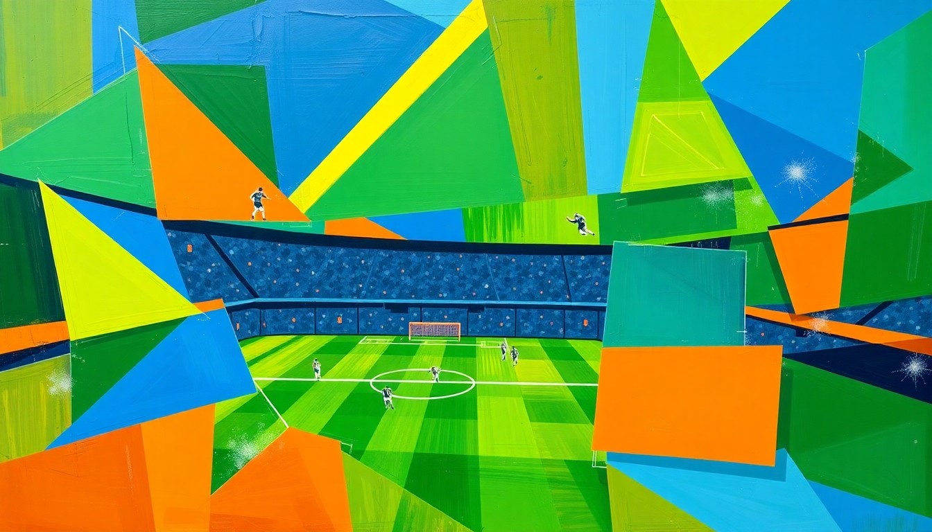 A fragmented, geometric painting depicting the dynamic movements and clashing energy of a soccer match, with sharp planes of green, blue, and orange representing the field, players, and ball.