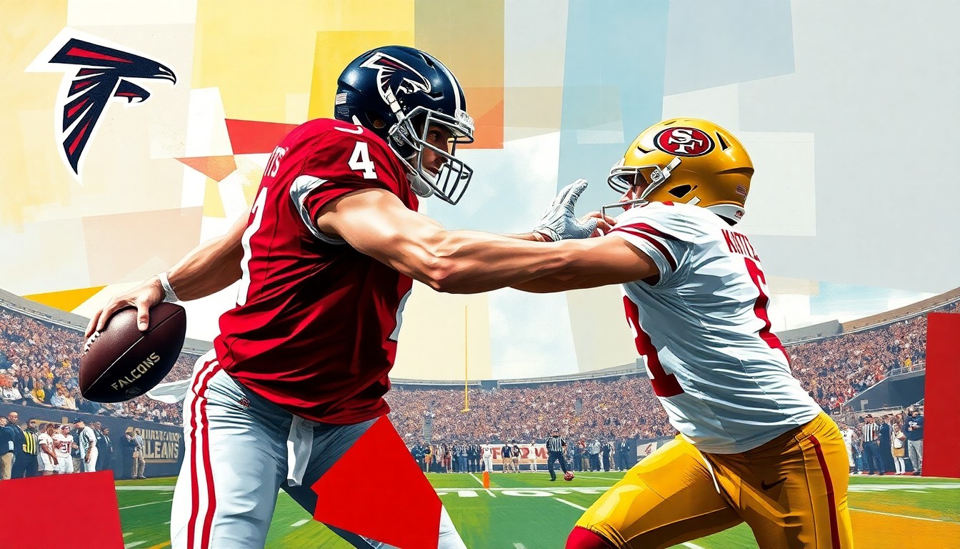 A cubist, geometric painting depicting fragmented, overlapping shapes and planes in the colors of the Atlanta Falcons and San Francisco 49ers, representing the complex dynamics surrounding the franchise tag on star tight end Kyle Pitts.