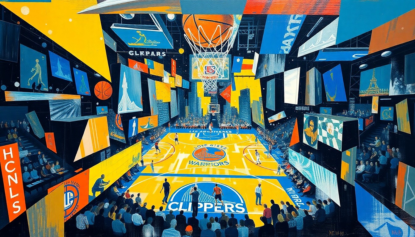 A fractured, geometric painting depicting a basketball game between the Los Angeles Clippers and Golden State Warriors, with the players and court broken down into overlapping planes of color and shape.