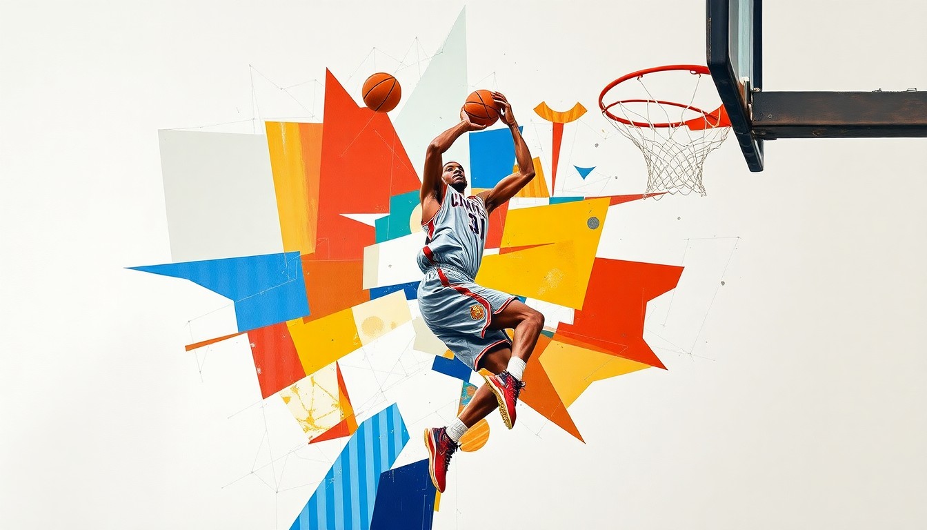 A cubist-style painting depicting a basketball player in motion, with their body and the basketball court broken down into sharp, angular geometric shapes and planes of color, conveying the chaotic and unpredictable nature of sports injuries.