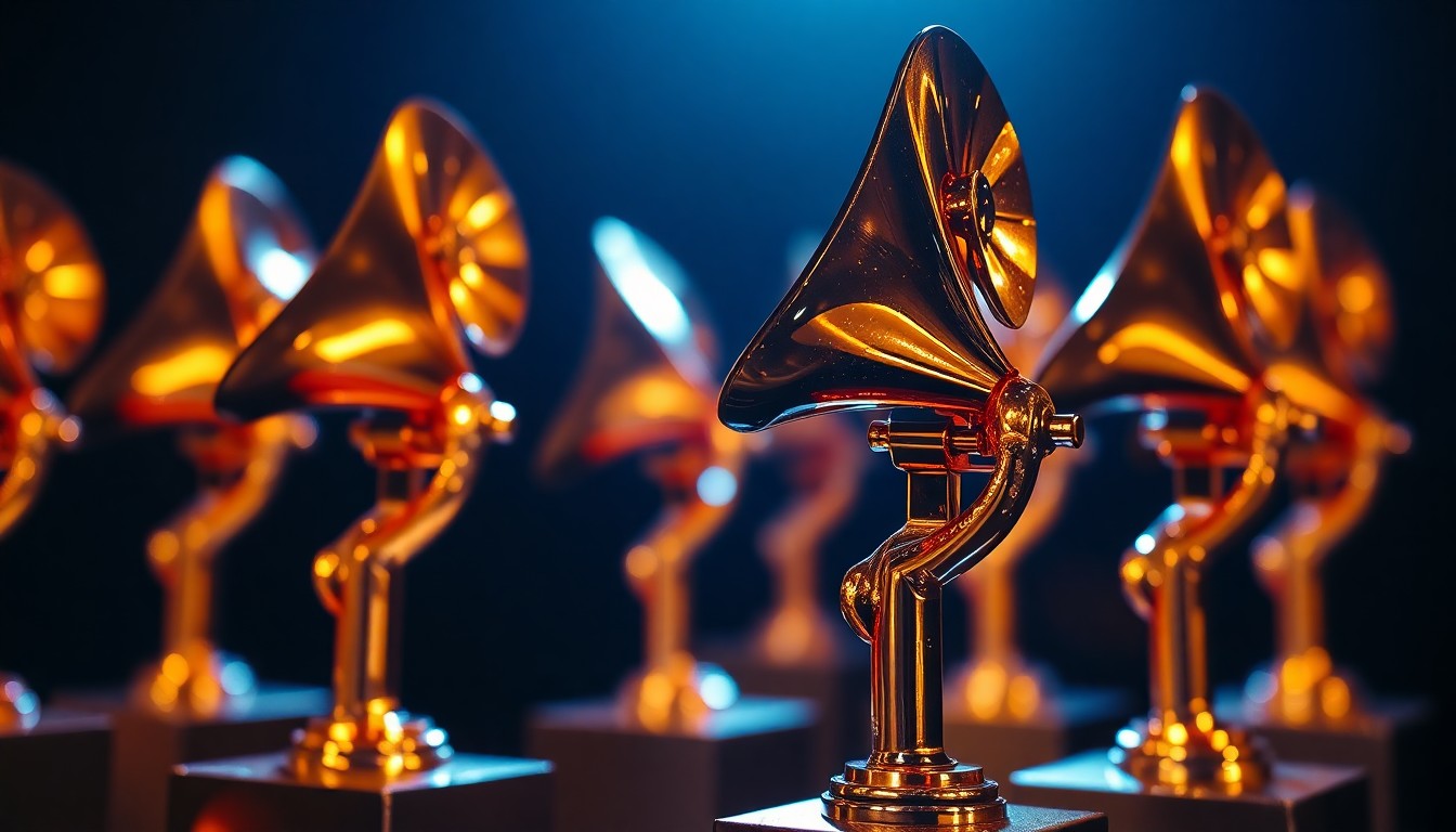 An extreme close-up of several golden Grammy award statuettes, their surfaces reflecting dramatic, high-contrast studio lighting to create a glamorous, high-fashion aesthetic, conceptually representing the music industry's role in shaping political discourse.