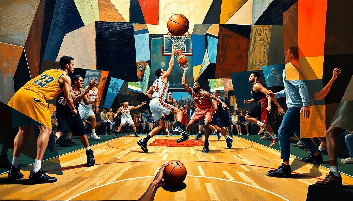 A cubist, geometric painting depicting a fragmented basketball game, with players' bodies broken down into angular, overlapping shapes, symbolizing the physical toll of the league's 65-game rule.
