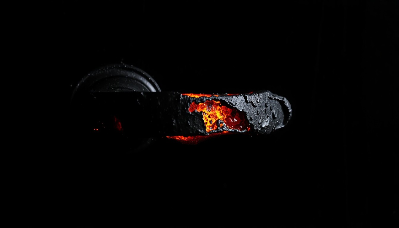 An extreme close-up of a charred and melted door handle, conceptually representing the aftermath of a house fire and the bravery required to confront such a dangerous situation.