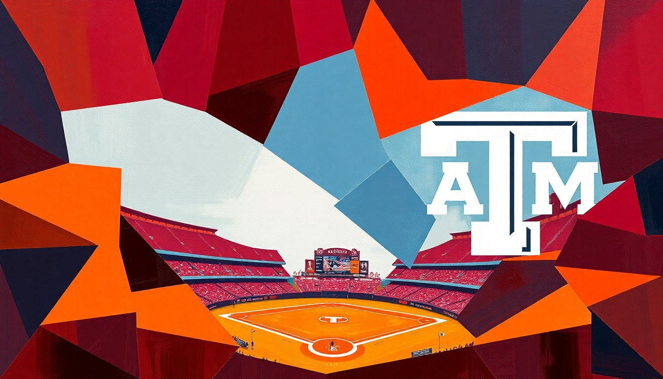 A cubist, geometric painting depicting a baseball game in motion, with overlapping planes of orange, maroon, and navy blue representing the competing teams and the unfinished nature of the rivalry matchup.