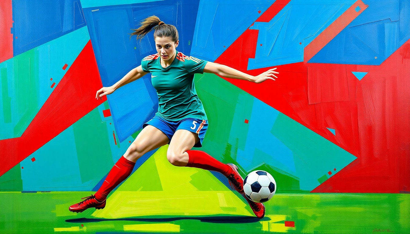 A fractured, cubist-style painting depicting a female soccer player in mid-stride, with her body broken down into sharp, overlapping geometric shapes in a vibrant color palette, conceptually representing the growing value and investment in women's professional sports.