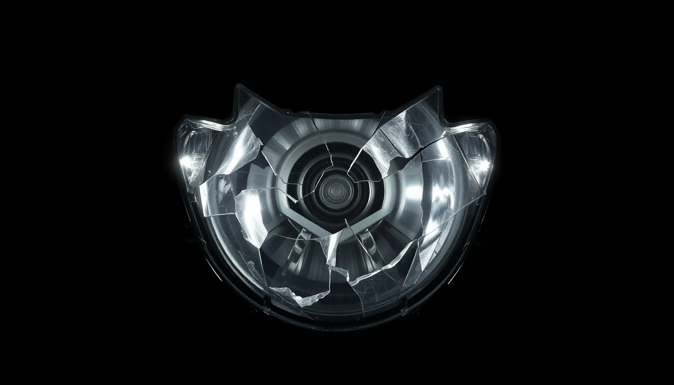An extreme close-up of a shattered motorcycle headlight lens reflecting a harsh, direct flash of light, conceptually illustrating the devastating impact of a high-speed collision.