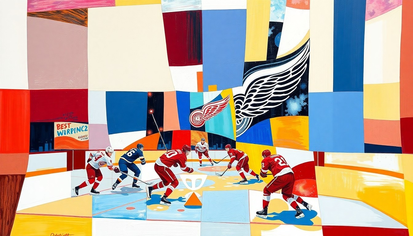 A cubist, geometric painting depicting a fragmented hockey game or match, with sharp planes of red and white representing the Detroit Red Wings' team colors.