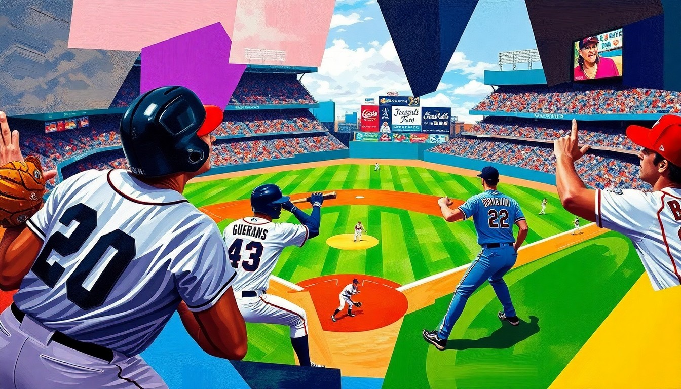 A cubist, geometric painting depicting a baseball game in progress, with sharp, overlapping shapes and planes of color representing the players, field, and stadium.