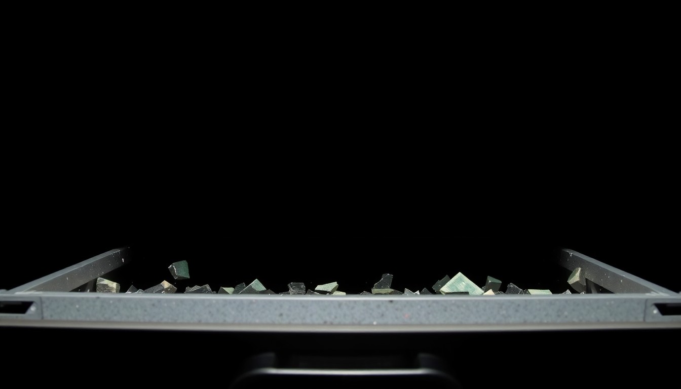 An extreme close-up photograph of a shattered cash register drawer against a pitch-black background, lit by a harsh, direct camera flash, conceptually representing the financial impact of a burglary on a small business.