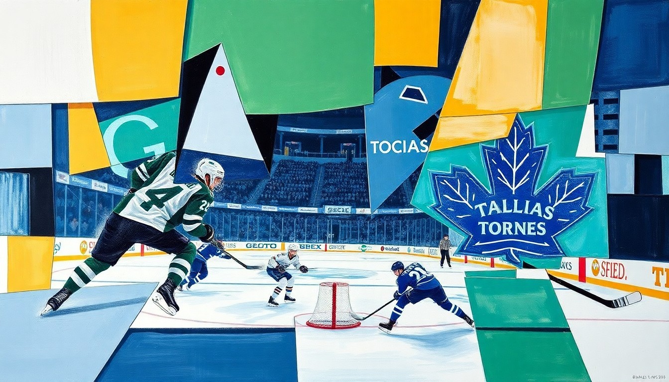A fragmented, geometric painting depicting a hockey game between the Dallas Stars and Toronto Maple Leafs, with sharp, overlapping planes of color and form representing the players and action on the ice.