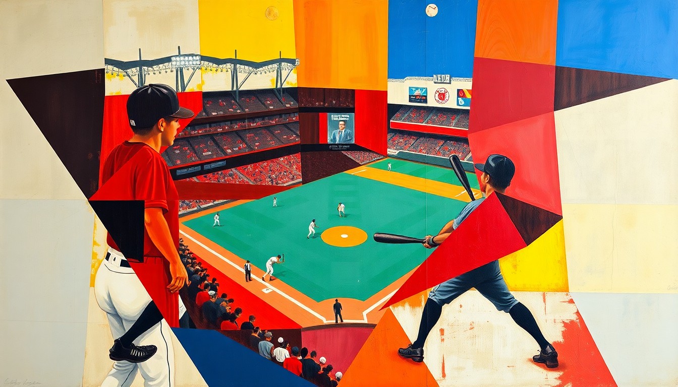 A cubist-style painting depicting a baseball game or match, with the players and field broken down into sharp, overlapping geometric shapes in a vibrant color palette, capturing the raw energy and intensity of the sport.