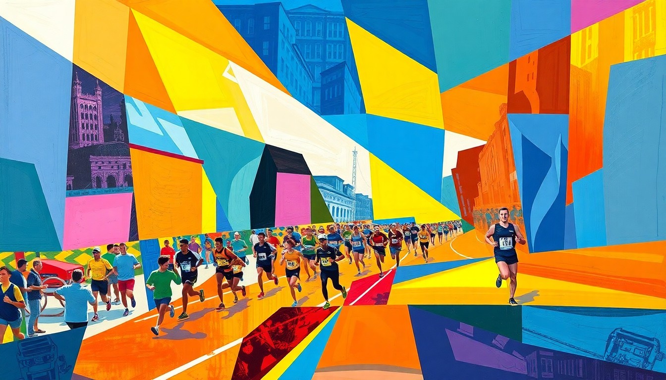 A cubist, geometric painting depicting runners in motion, with the race course and surrounding buildings fractured into overlapping planes of bright, vibrant colors.