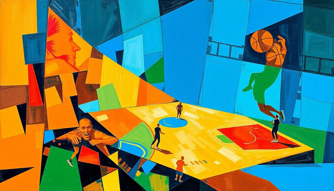 A cubist, geometric painting depicting a fragmented basketball game, with sharp planes of color and overlapping perspectives capturing the dynamic energy of the sport.
