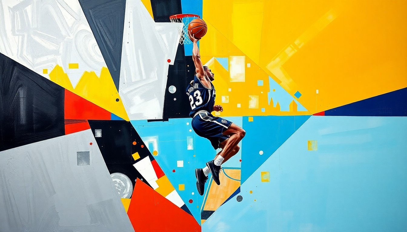 A fractured, multi-perspective painting depicting a basketball player's jump shot or drive to the hoop, broken down into sharp, overlapping geometric planes in a vibrant color palette of silver, black, white, navy, gold, and light blue.