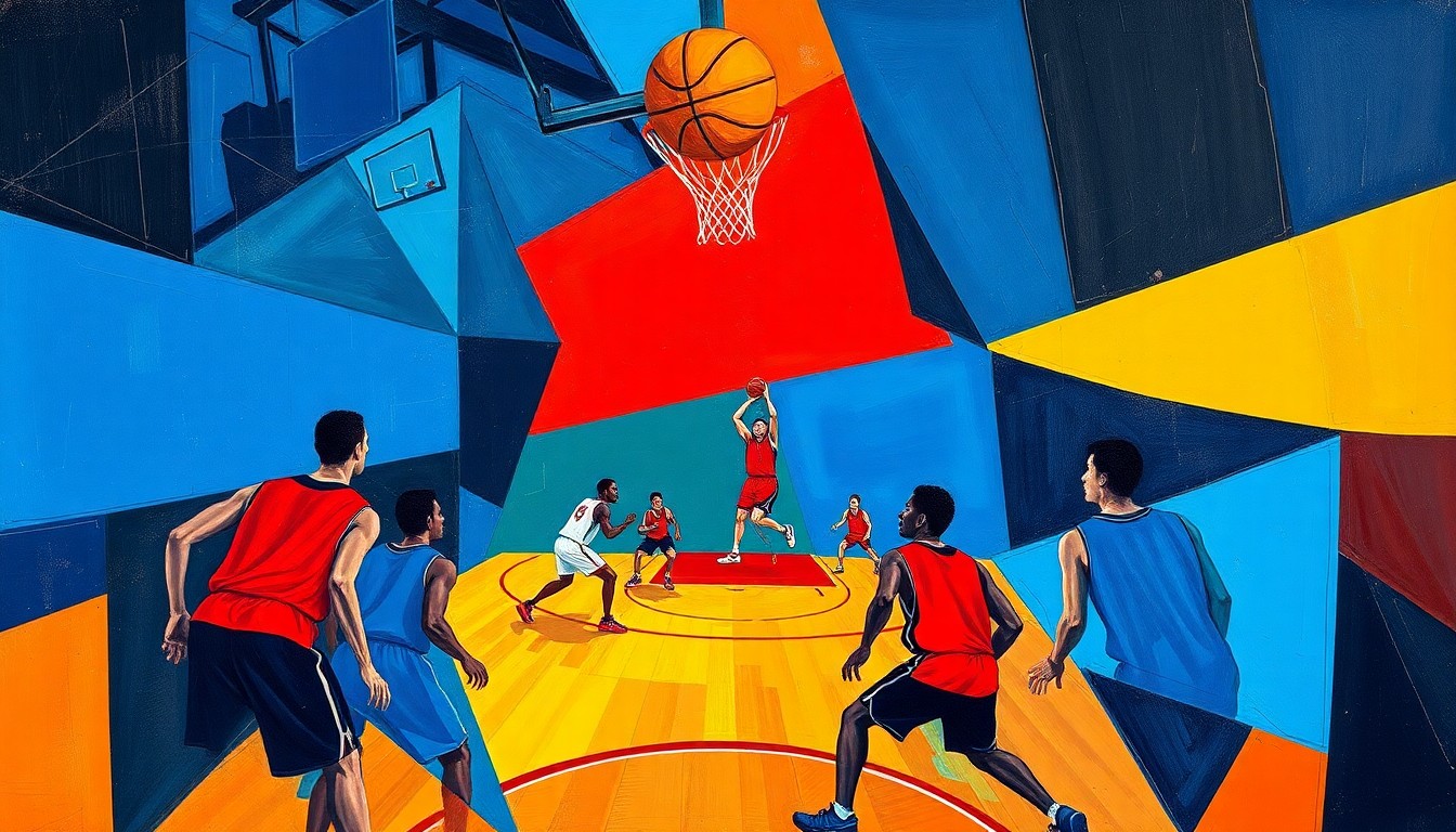 A fragmented, geometric painting depicting a basketball game, with the players' forms broken down into sharp, overlapping shapes in a vibrant color palette, conveying the raw energy and emotion of the match.