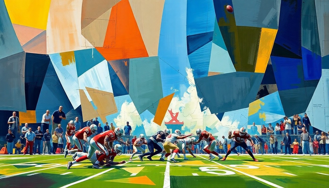 A fragmented, geometric painting in the style of Pablo Picasso, depicting the chaotic energy and intensity of a college football scrimmage, with players and the field broken down into abstract shapes and planes of color.